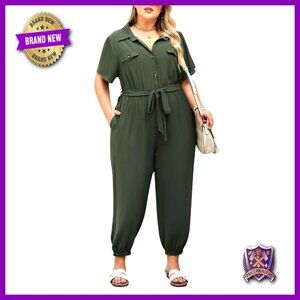 Plus Size Jumpsuit with Belt and Pockets, Long Pants Romper for Summer
